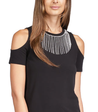 Blusa feminina Michael Kors com strass e ombro vazado, preta, tamanho médio