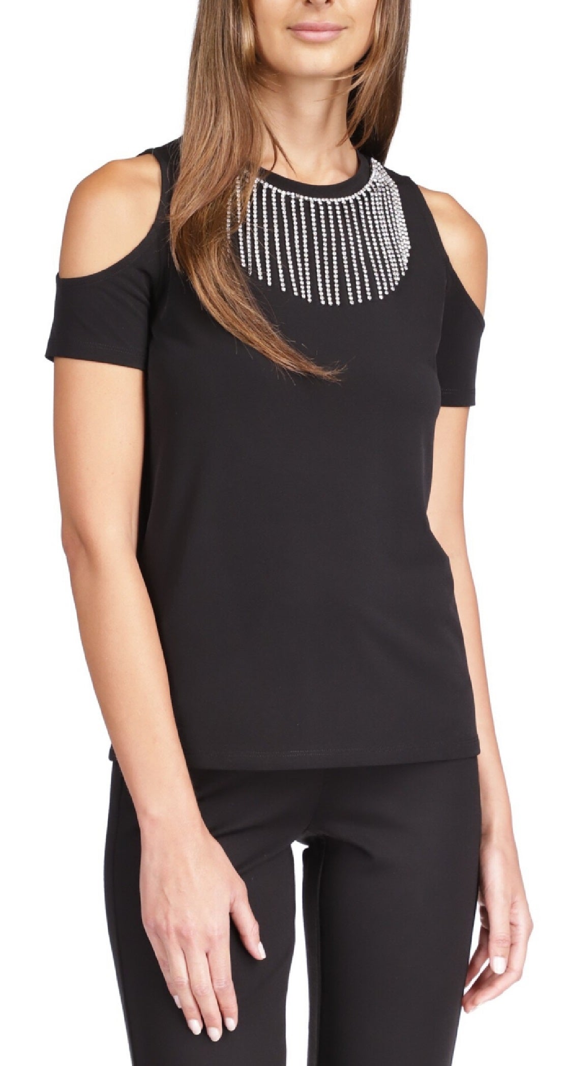 Blusa feminina Michael Kors com strass e ombro vazado, preta, tamanho grande