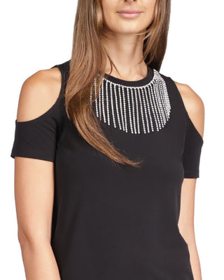 Blusa feminina Michael Kors com strass e ombro vazado, preta, tamanho grande
