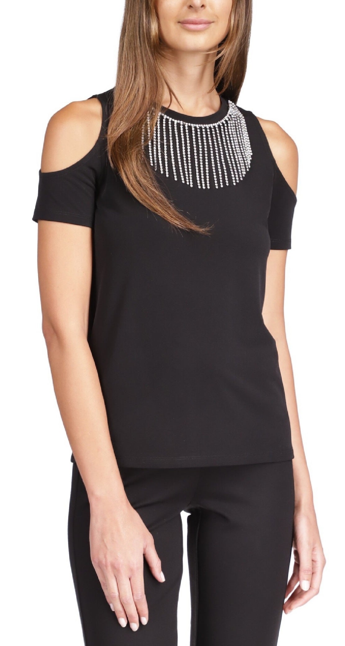 Blusa feminina Michael Kors com strass e ombro vazado, preta, tamanho extragrande