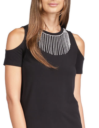 Blusa feminina Michael Kors com strass e ombro vazado, preta, tamanho extragrande