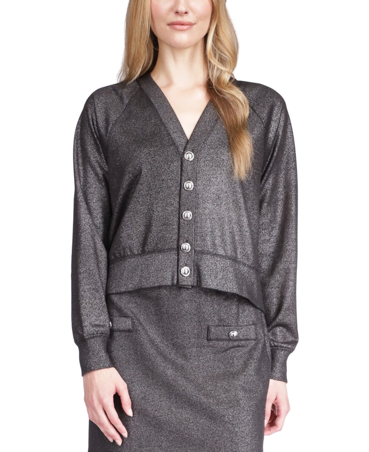 Cardigan feminino Michael Kors com botões brilhantes, preto, tamanho extragrande