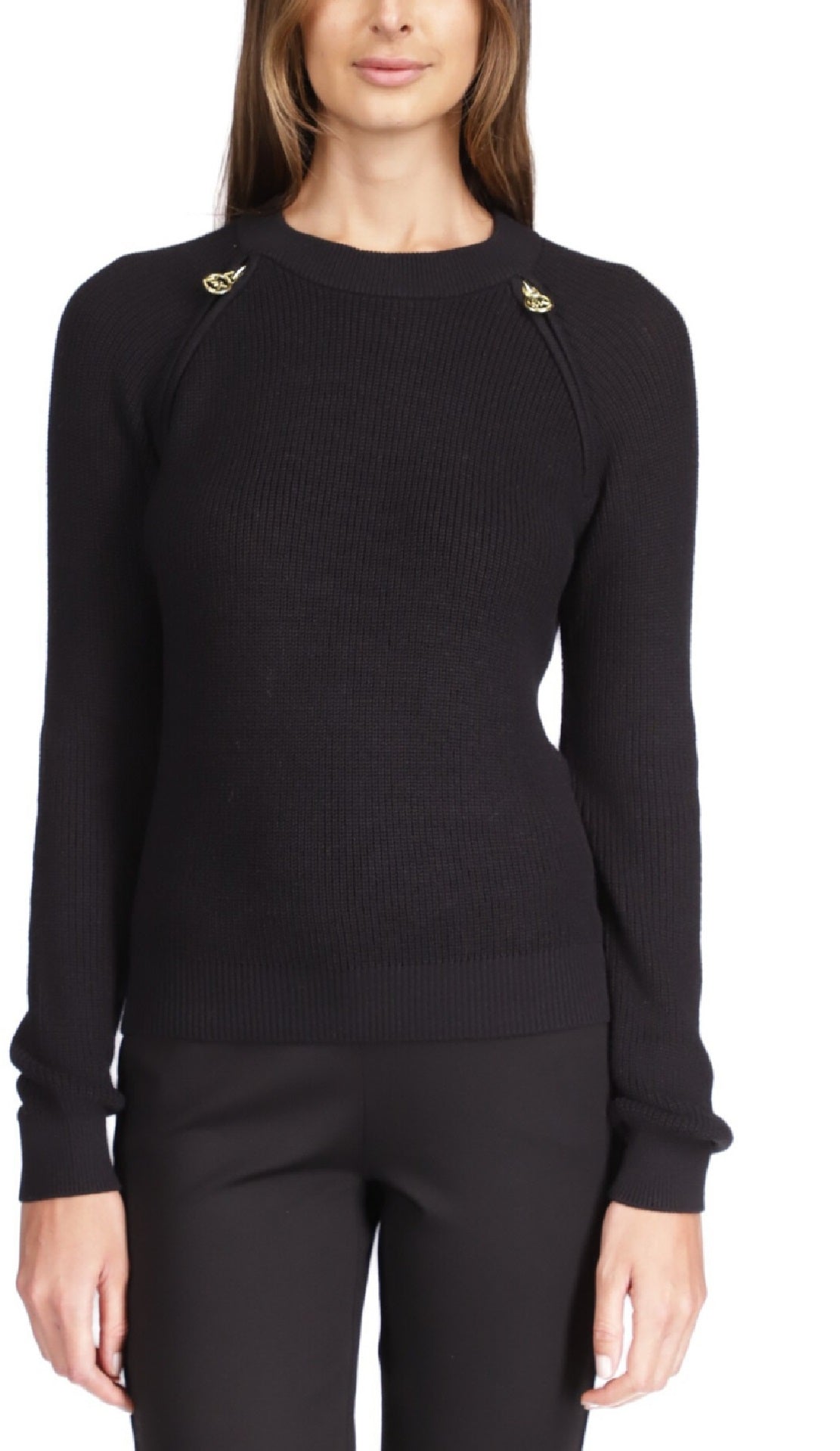 Suéter feminino Michael Kors Shaker Knit com zíper, preto, tamanho pequeno