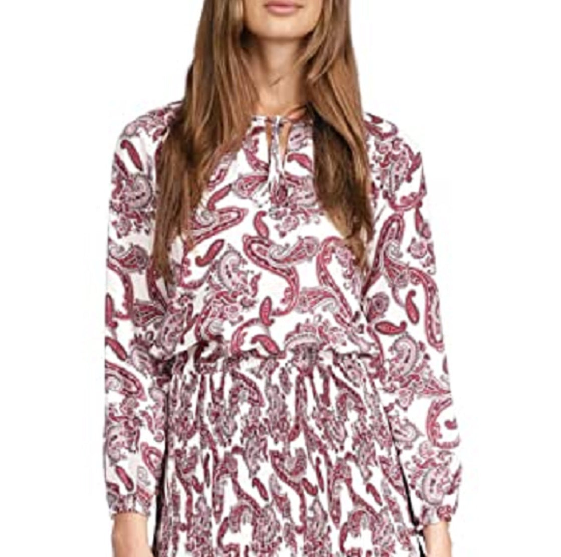 Vestido feminino Michael Kors com estampa Paisley e gola amarrada, branco