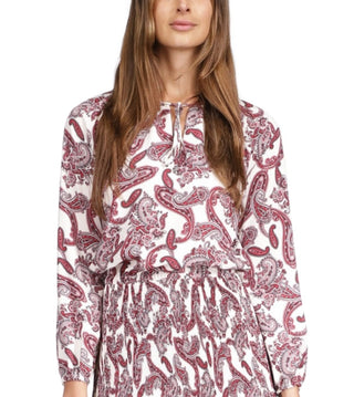 Vestido feminino Michael Kors com estampa Paisley e gola amarrada, branco