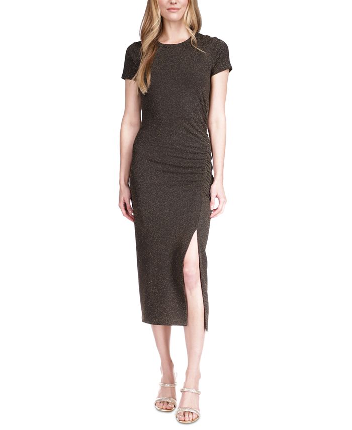 Vestido midi metálico franzido feminino Michael Kors, preto, tamanho grande