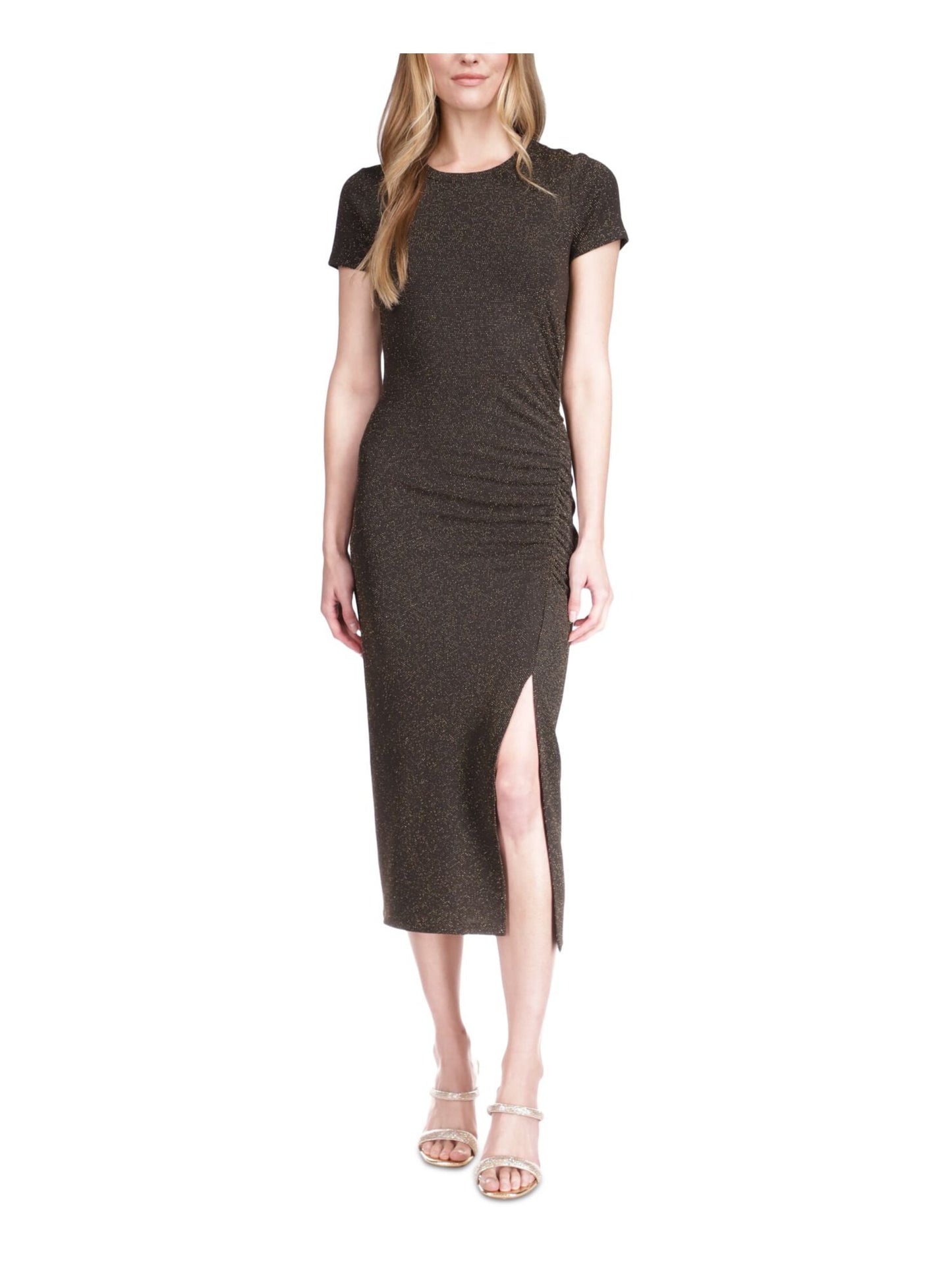 Michael Kors Women's Metallic Ruched Short Sleeve Midi Dress Grey Size X-Large