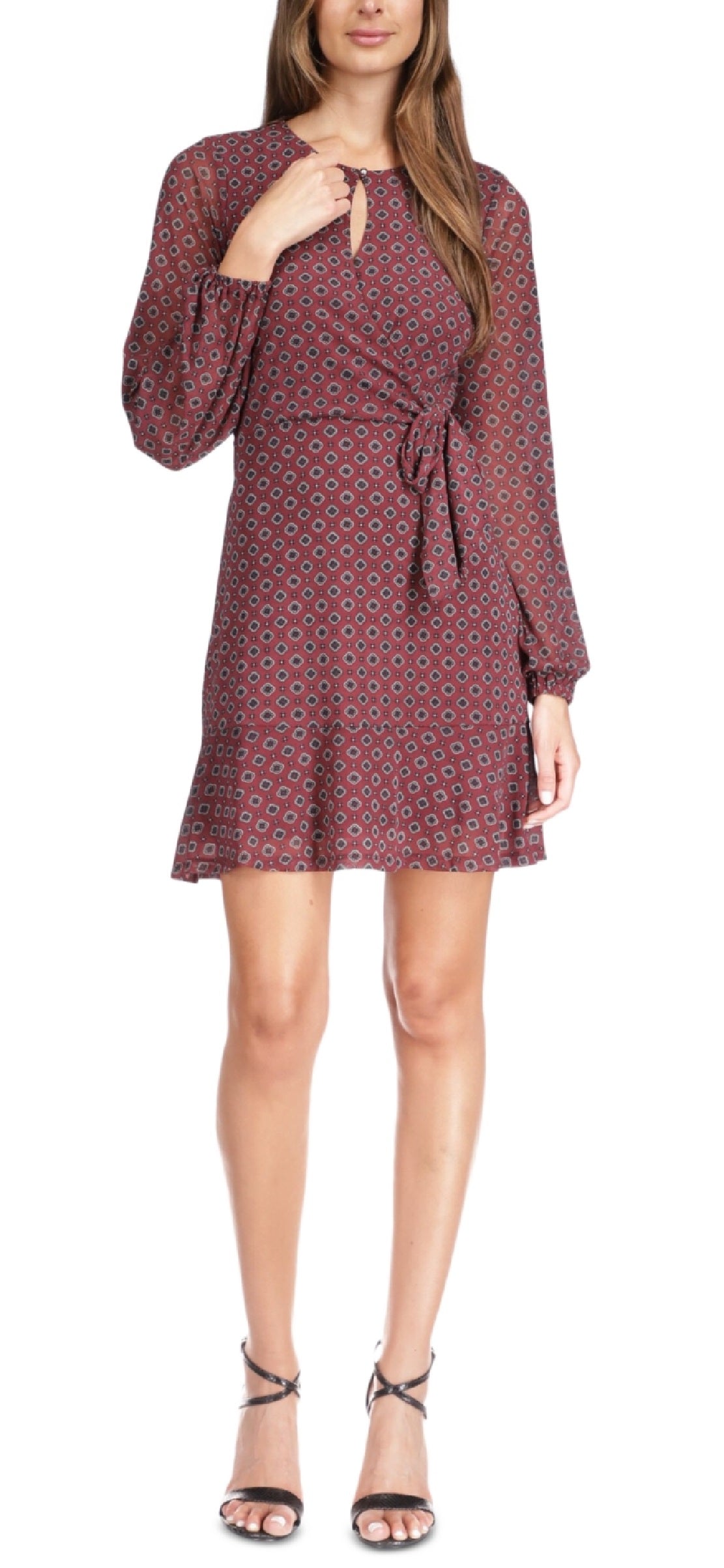 Vestido curto feminino Michael Kors com estampa de foulard e envoltório falso, vermelho, tamanho grande