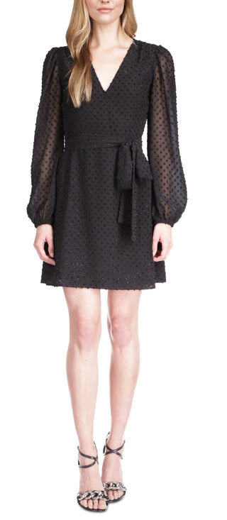 Vestido curto envelope feminino Michael Kors Swiss Dot, preto, tamanho X-S