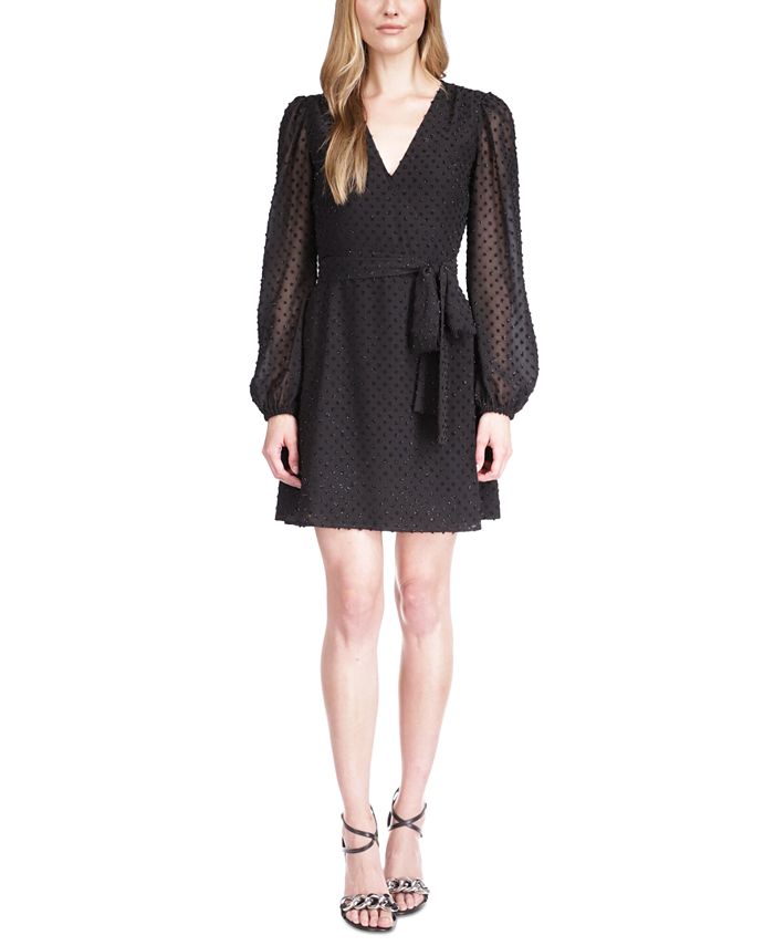 Vestido curto envelope feminino Michael Kors Swiss Dot, preto