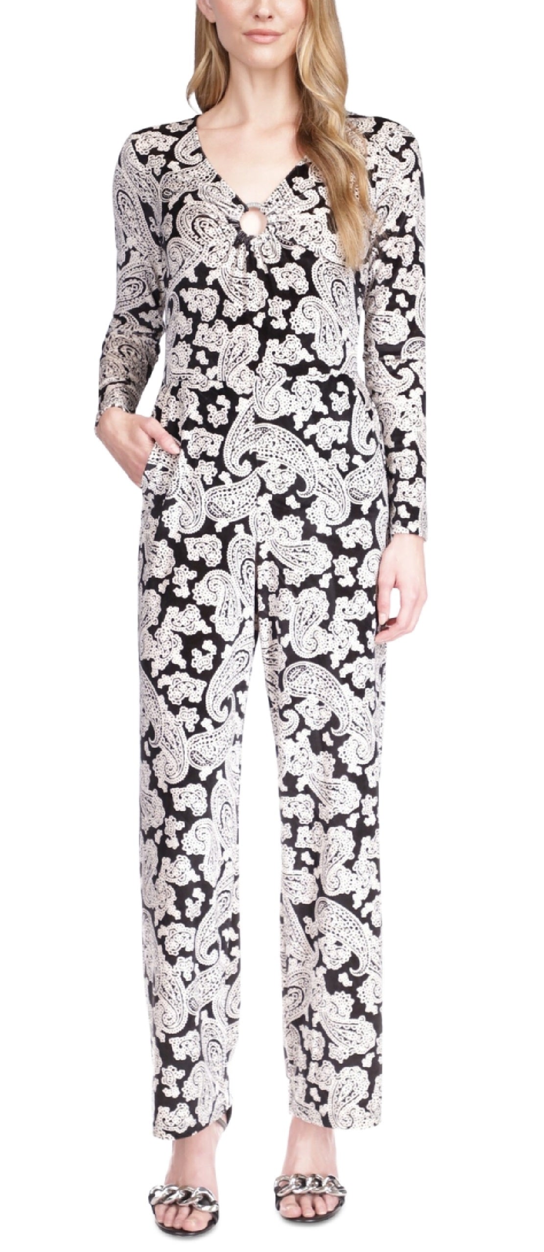 Macacão de veludo com estampa paisley feminino Michael Kors, branco, tamanho extrapequeno