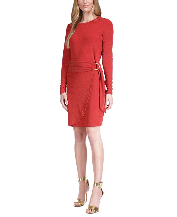Vestido camiseta Michael Kors feminino metálico com estampa de imitação, vermelho, tamanho pequeno