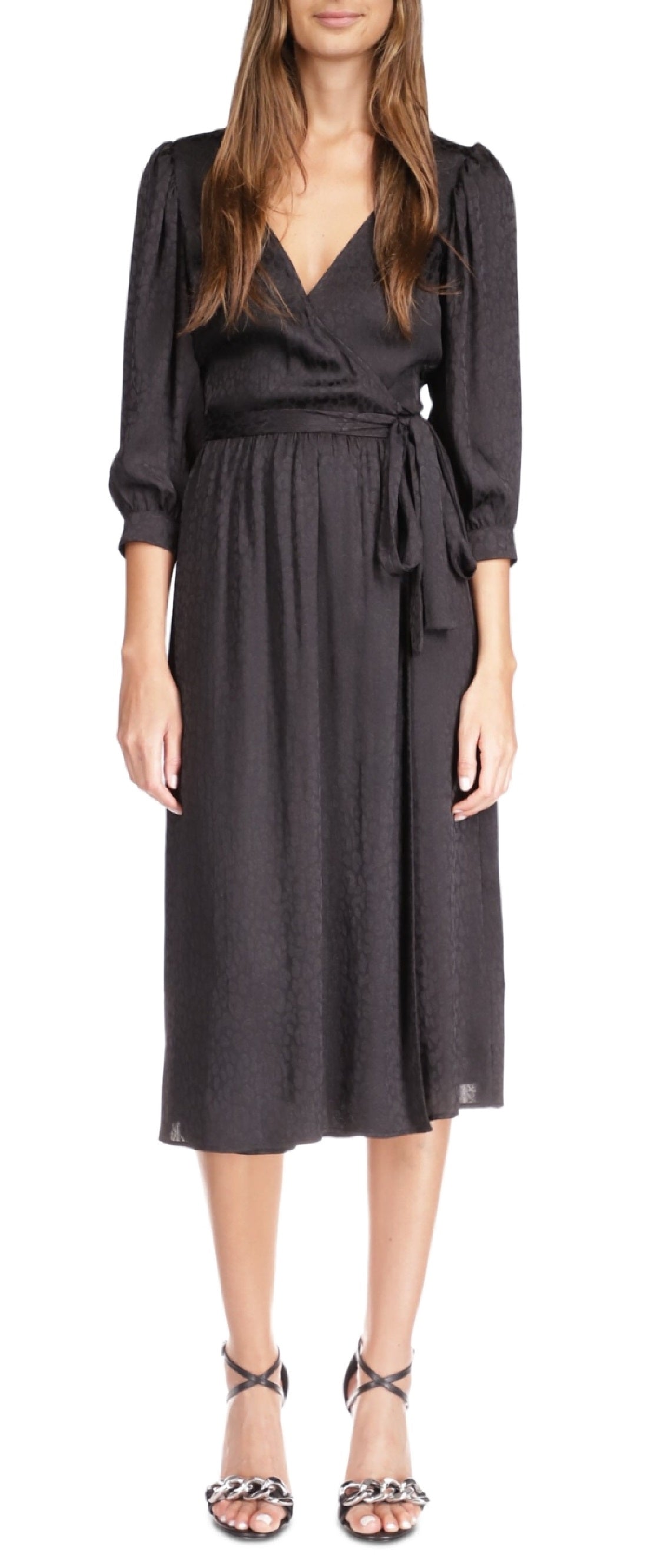 Vestido midi envelope Michael Kors feminino com estampa de chita e jacquard, preto, tamanho extrapequeno