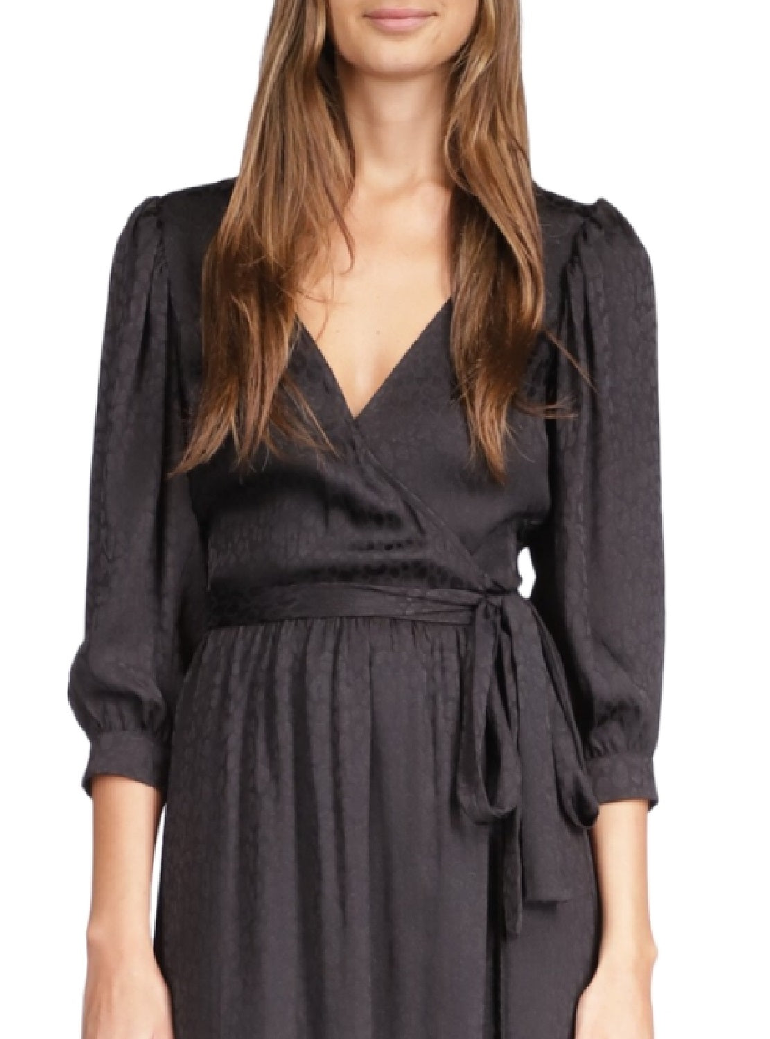 Vestido midi envelope Michael Kors feminino com estampa de chita e jacquard, preto, tamanho extrapequeno