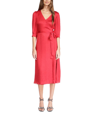 Vestido midi envelope Michael Kors feminino com estampa Cheetah Jacquard, vermelho, tamanho médio