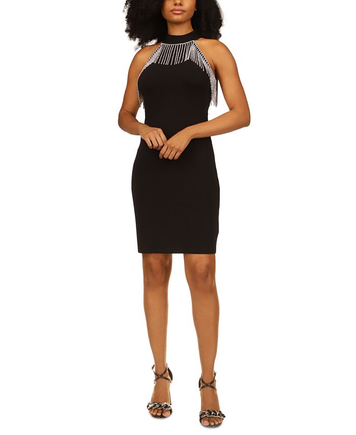Vestido justo com franjas e strass feminino Michael Kors, preto, tamanho grande
