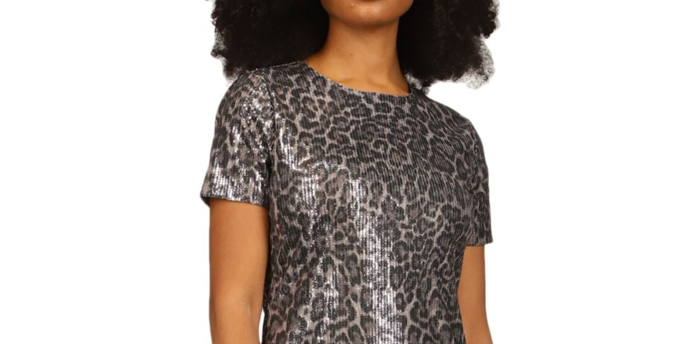 Vestido camiseta feminino Michael Kors com lantejoulas e estampa de chita, verde, tamanho extragrande