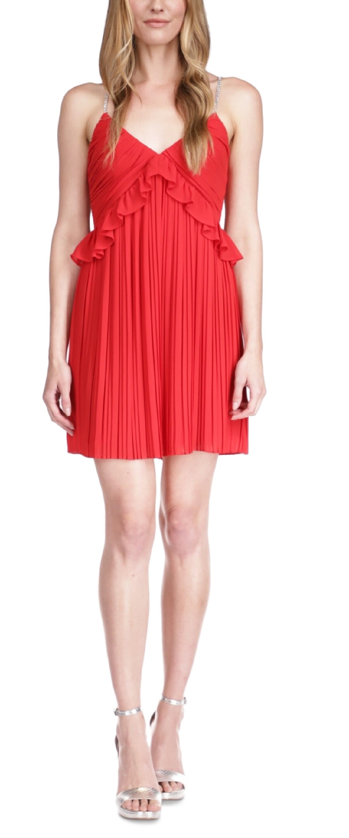 Vestido plissado com alça de corrente e strass feminino Michael Kors, vermelho