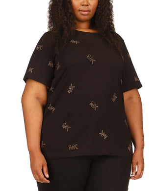 Camiseta feminina Michael Kors com logo disperso e tachas, preta, tamanho 3X