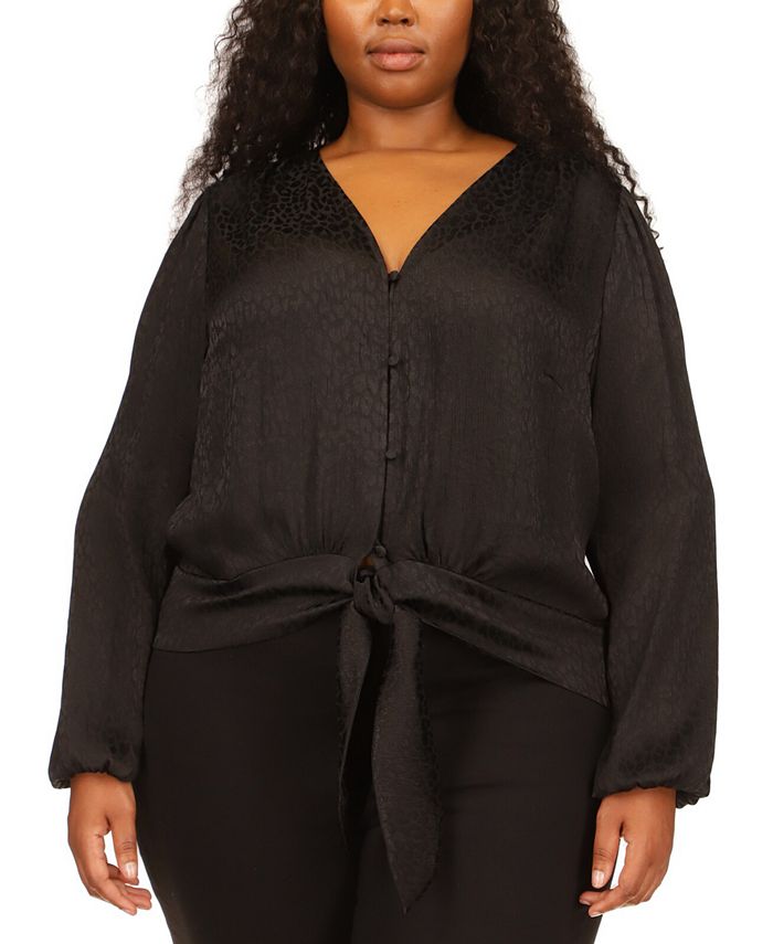 Blusa feminina Michael Kors com bainha jacquard e amarração, preta, tamanho 2X