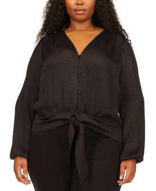 Blusa feminina Michael Kors com bainha jacquard e amarração, preta, tamanho 2X