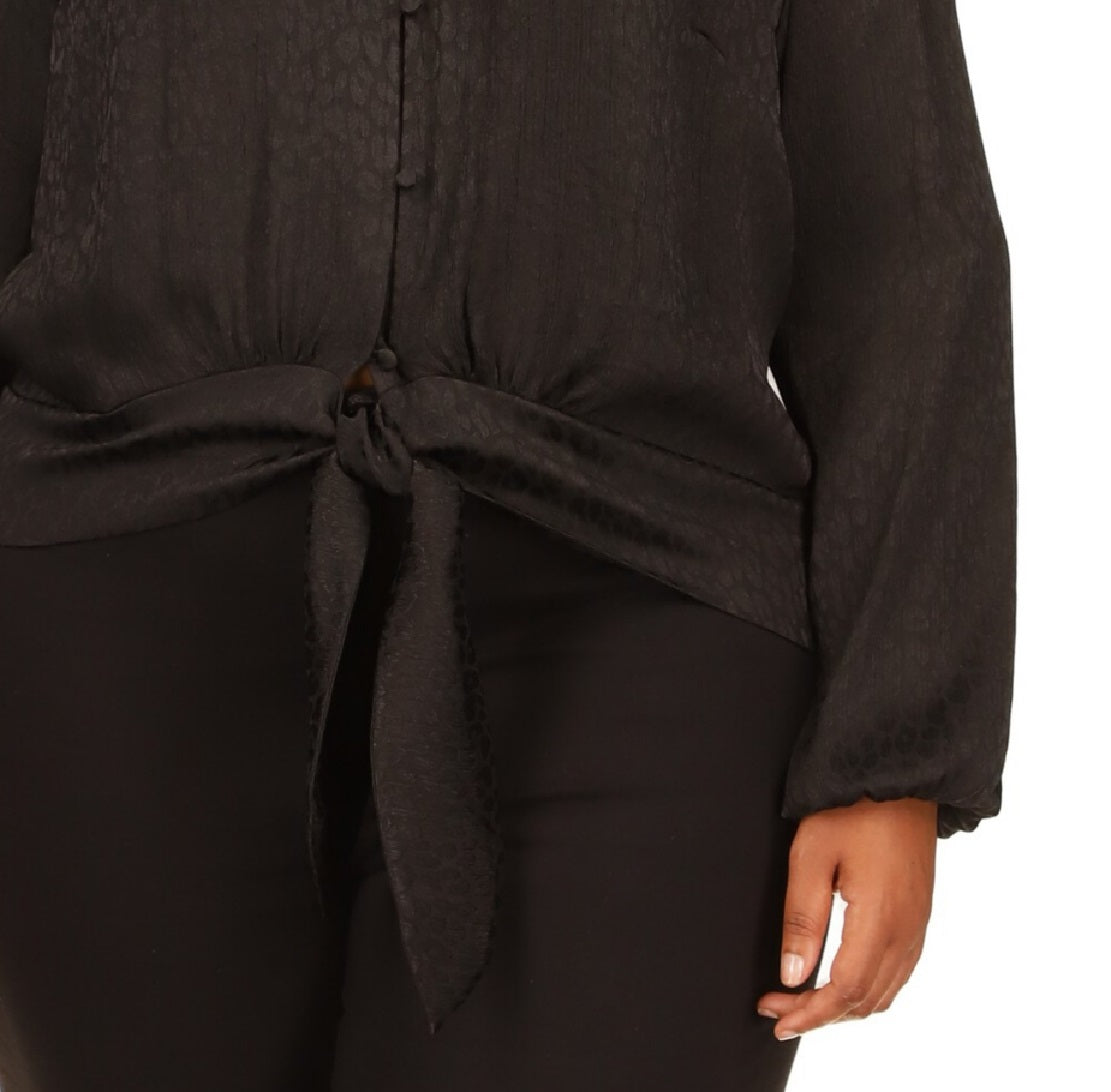 Blusa feminina Michael Kors com bainha jacquard e amarração, preta, tamanho 3X