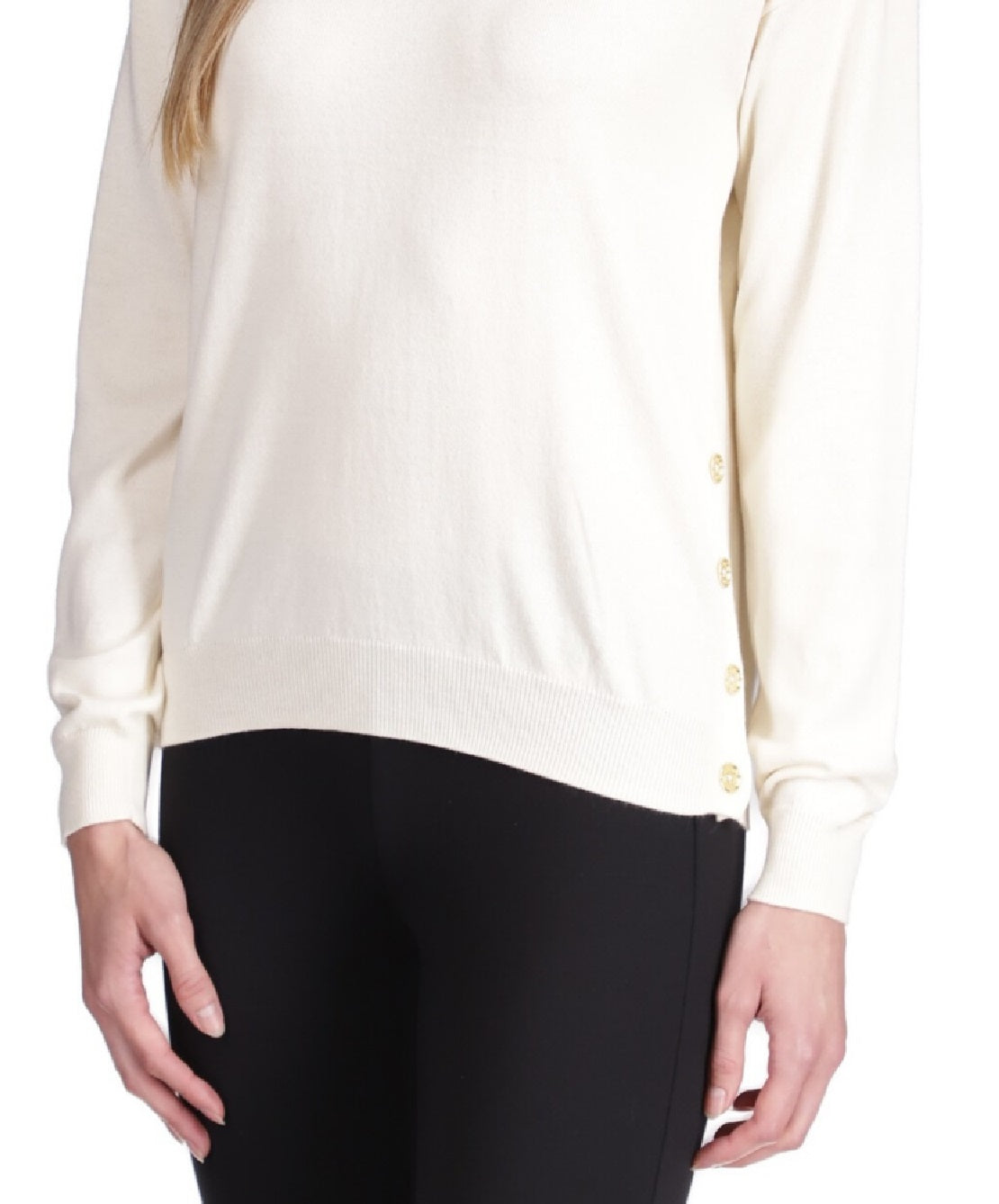 Suéter feminino Michael Kors com acabamento em botões, branco, tamanho pequeno, médio