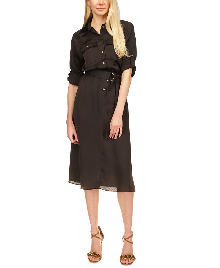 Vestido utilitário feminino Michael Kors com mangas dobradas, preto, tamanho pequeno