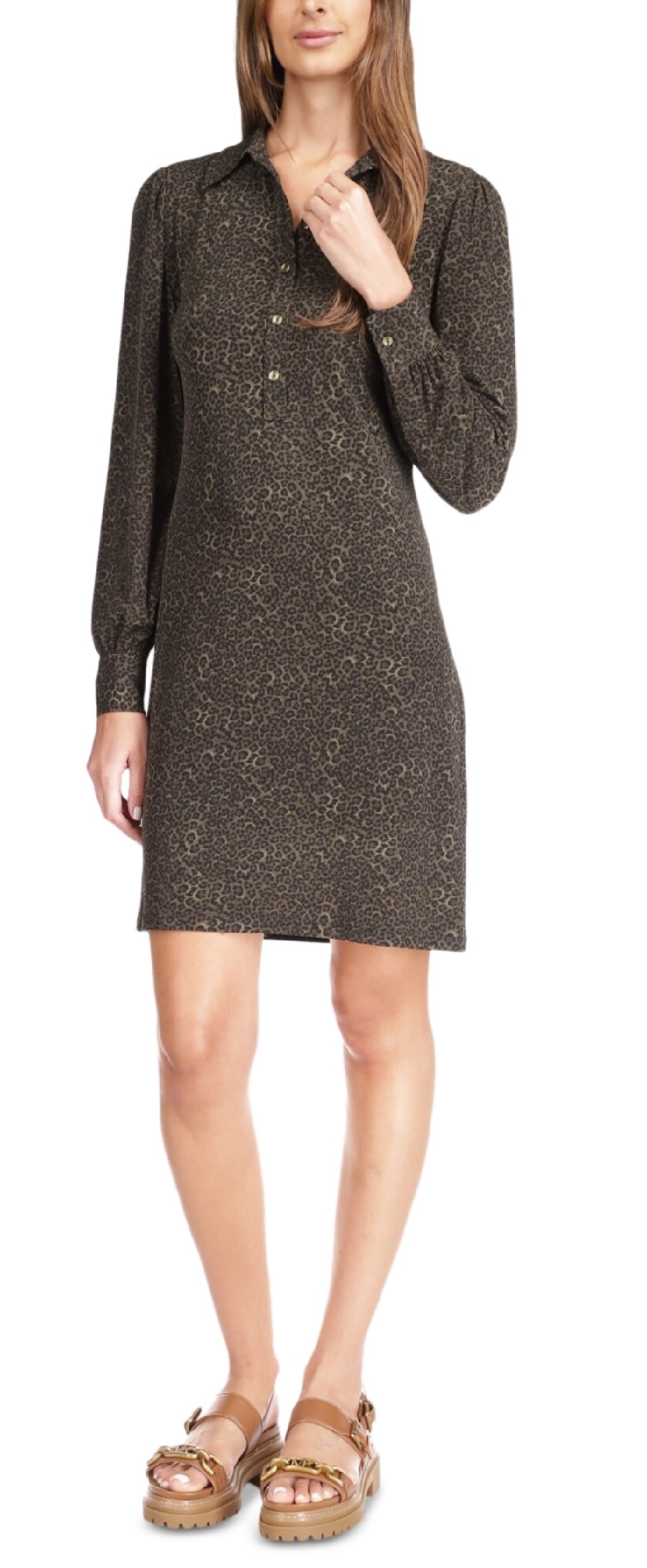 Vestido mini-camisa de manga comprida Michael Kors feminino, verde, tamanho grande
