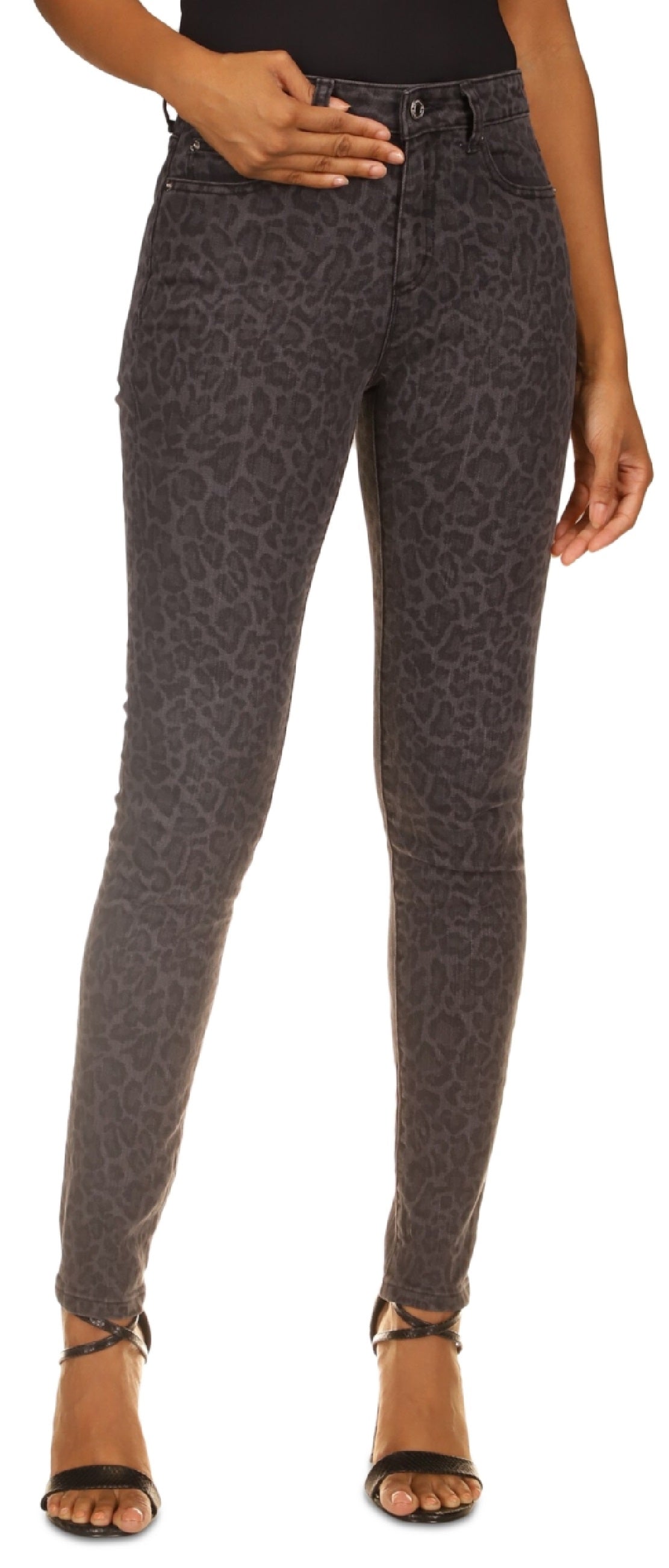 Calça jeans skinny reta com estampa de leopardo feminina Michael Kors, preta, tamanho 8