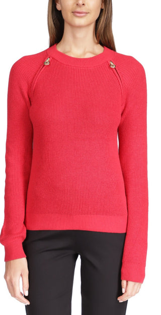 Suéter feminino Michael Kors Shaker Knit com zíper, vermelho, tamanho pequeno