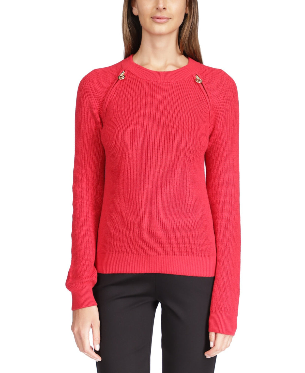 Michael Kors Women's Shaker Knit Zip Sweater Red Size Large
