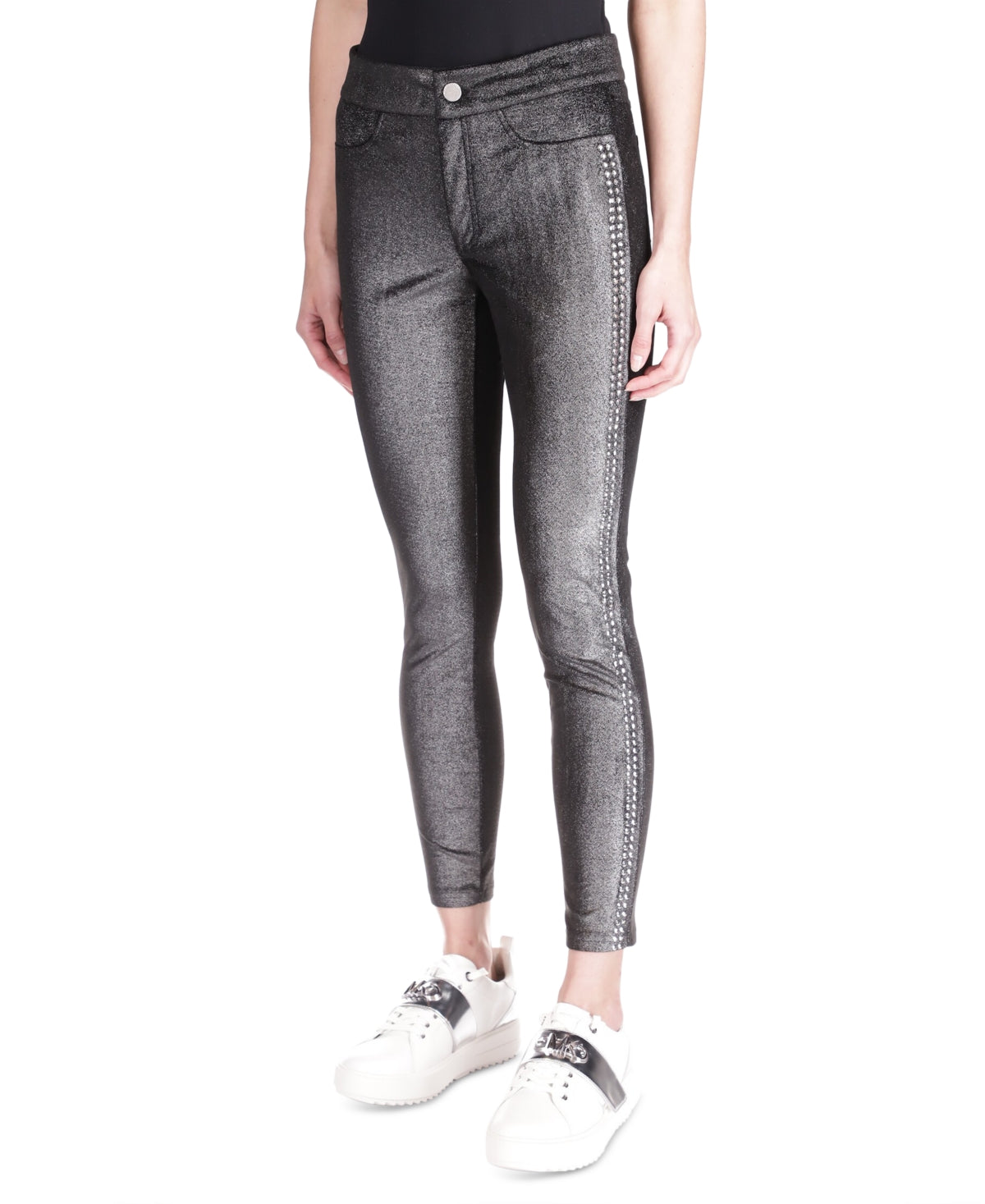 Leggings de veludo com tachas Michael Kors para mulheres, cinza, tamanho extragrande