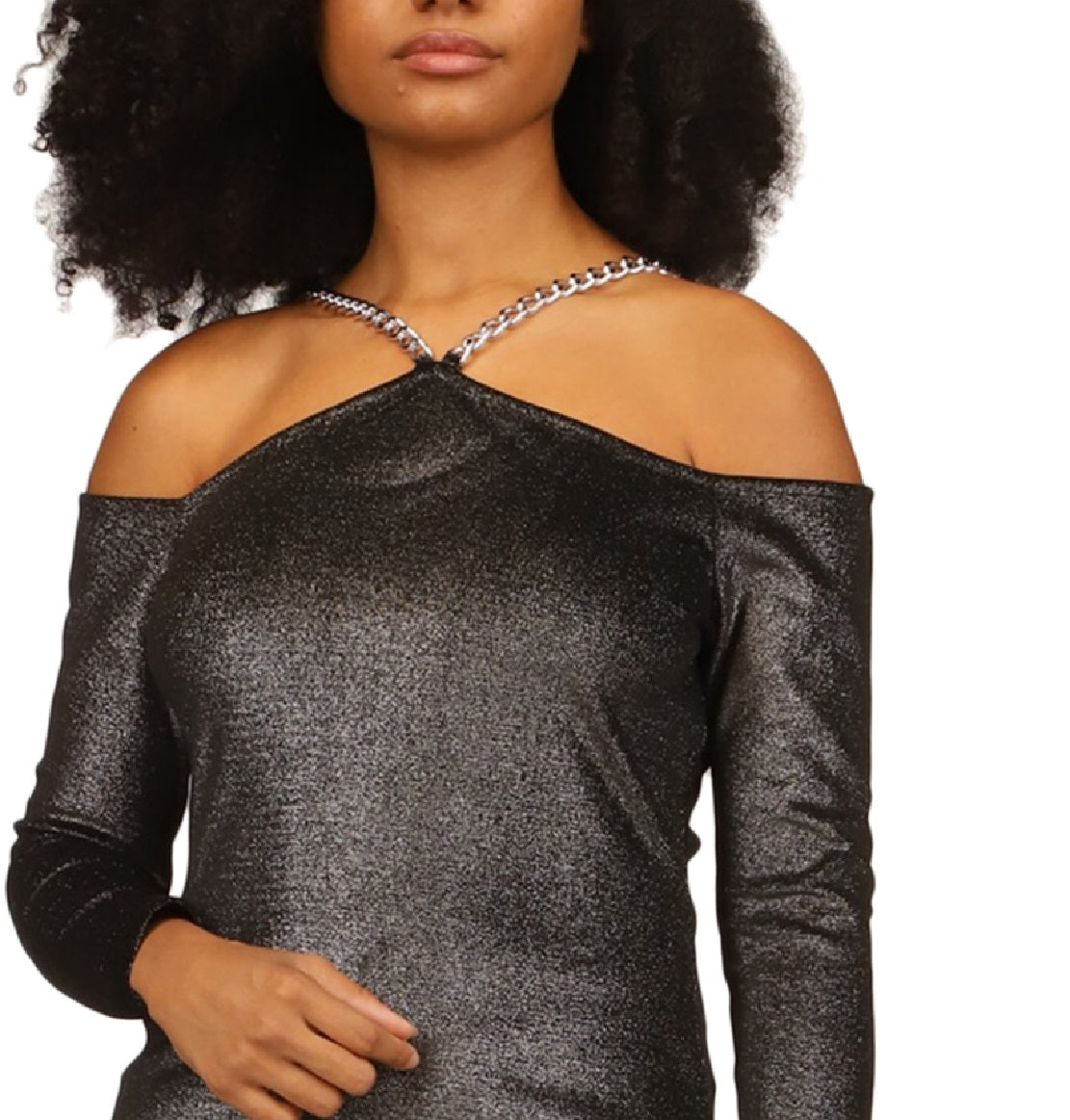 Michael Kors Top Feminino com Corrente Metálica de Veludo e Ombros Vazados, Preto, Tamanho Médio