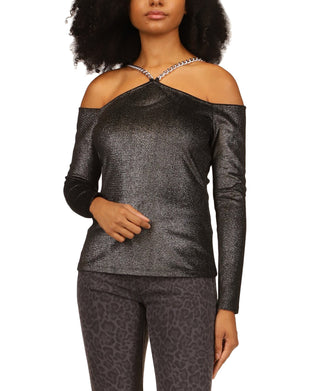 Michael Kors Top Feminino com Corrente Metálica de Veludo e Ombros Vazados, Preto, Tamanho Médio