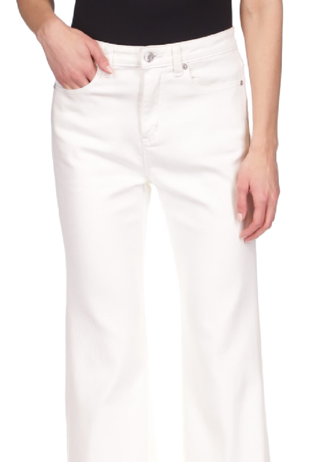 Calça jeans feminina Michael Kors Selma Shank com bainha abotoada e perna larga, branca, tamanho 6