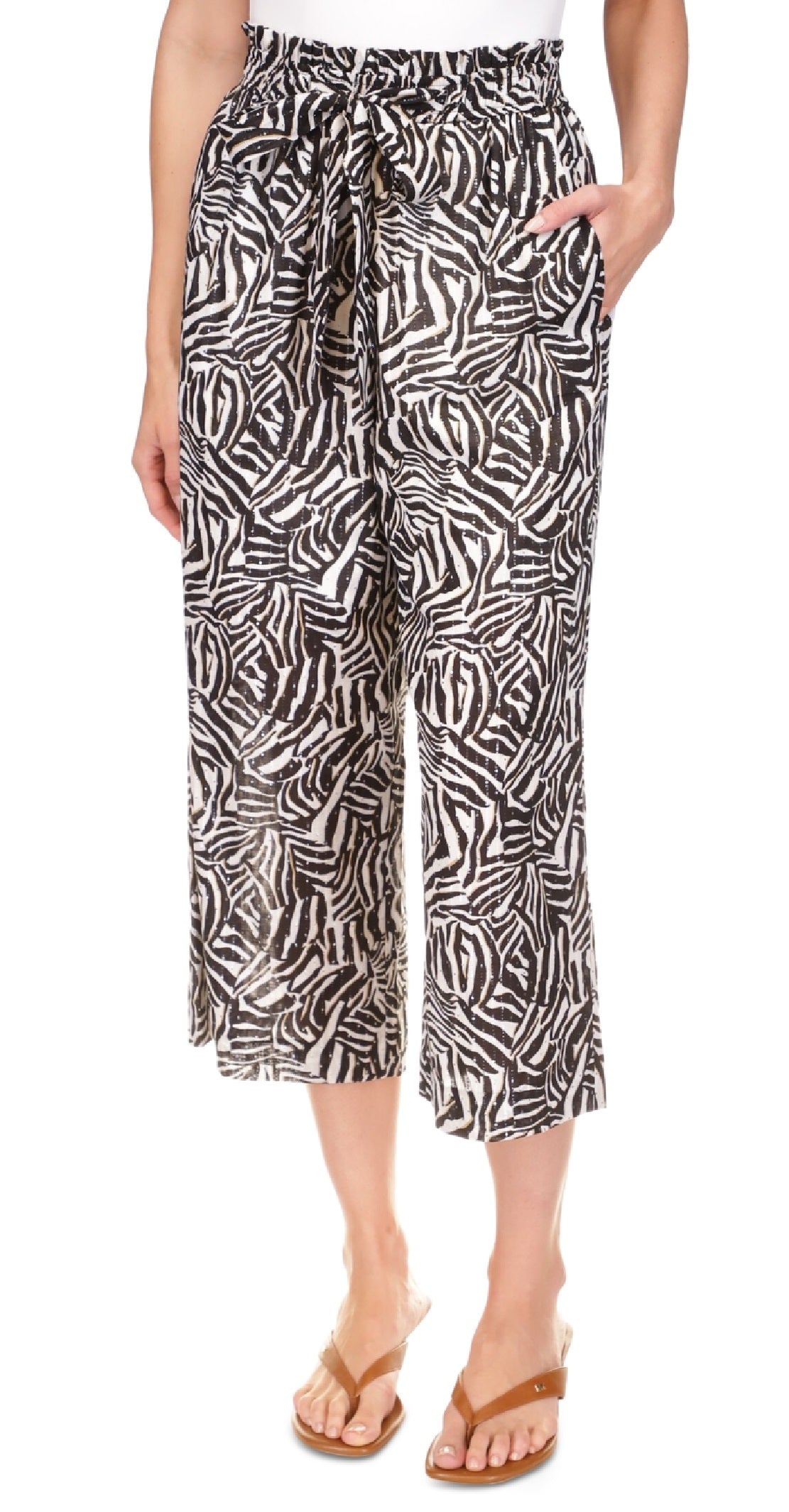 Calça feminina Michael Kors com estampa de zebra metálica, marrom, tamanho extragrande