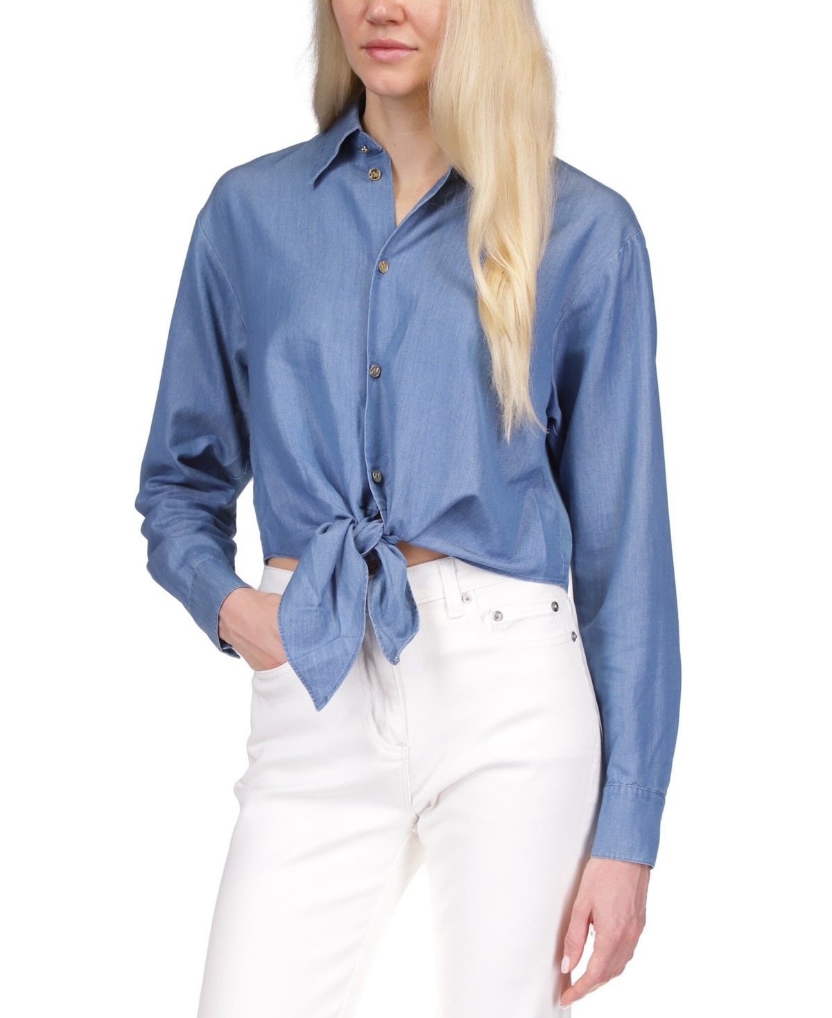 Michael Kors Camisa Feminina Chambray Amarrada na Frente Azul Tamanho Médio