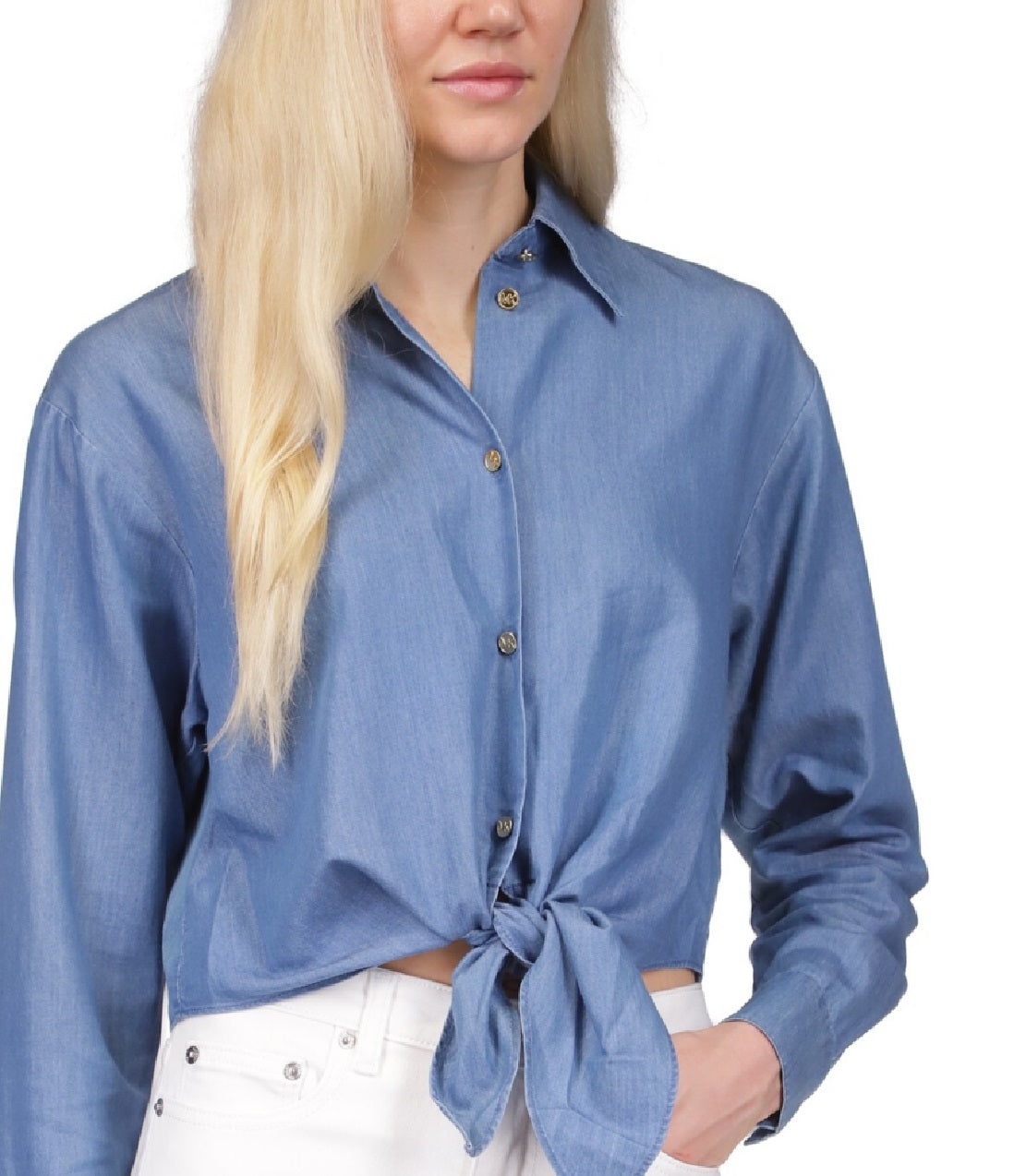 Michael Kors Camisa Feminina Chambray Amarrada na Frente Azul Tamanho Médio
