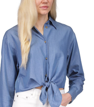 Michael Kors Camisa Feminina Chambray Amarrada na Frente Azul Tamanho Médio