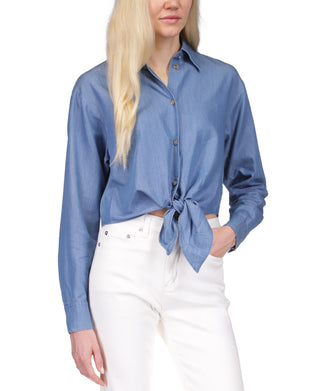 Michael Kors Camisa Feminina Chambray Amarrada na Frente Azul Tamanho Médio
