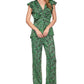 Blusa feminina Michael Kors com zíper, babados, manga curta, decote em V, verde, tamanho médio