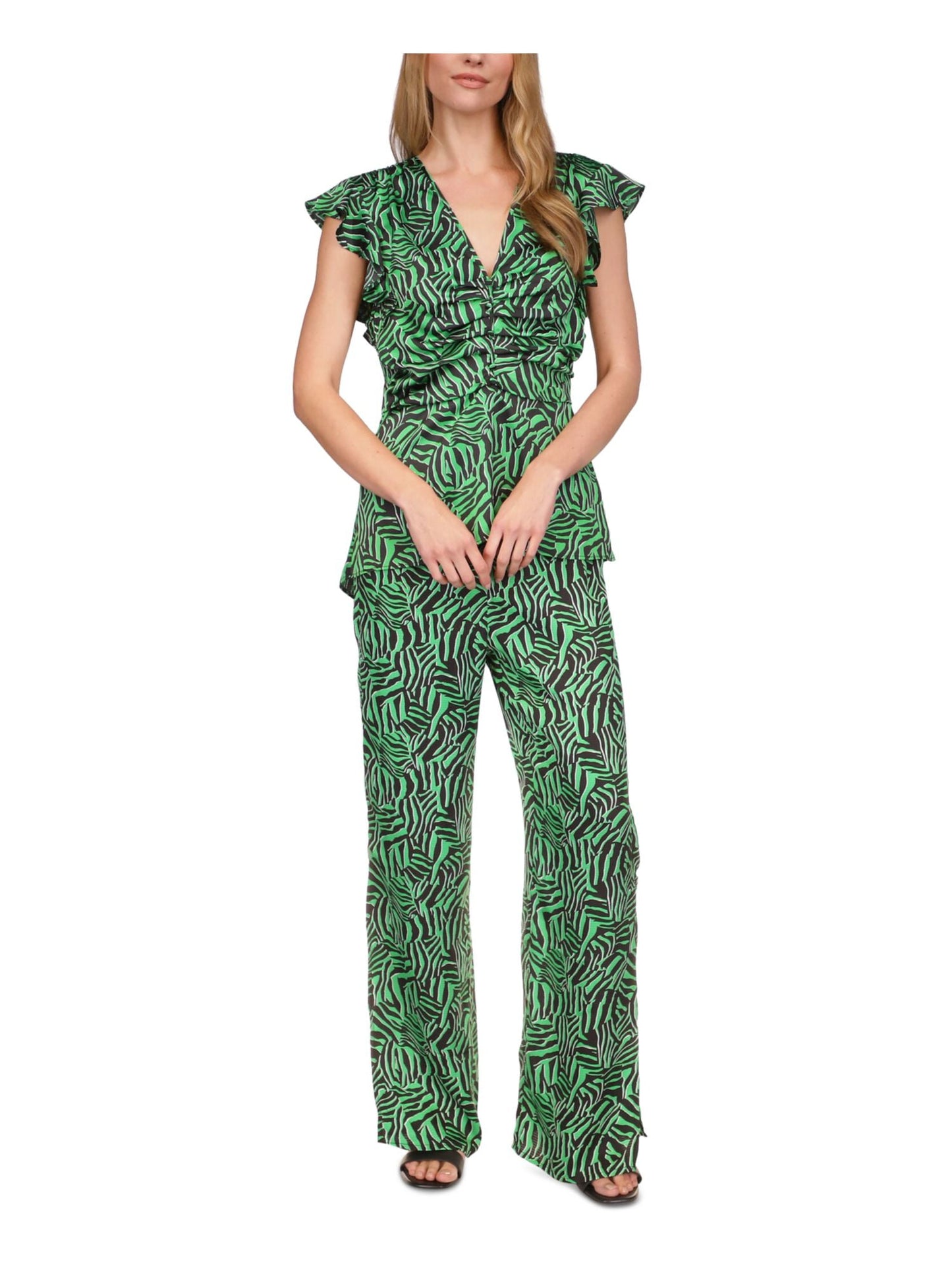 Blusa feminina Michael Kors com zíper, babados, manga curta, decote em V, verde, tamanho médio