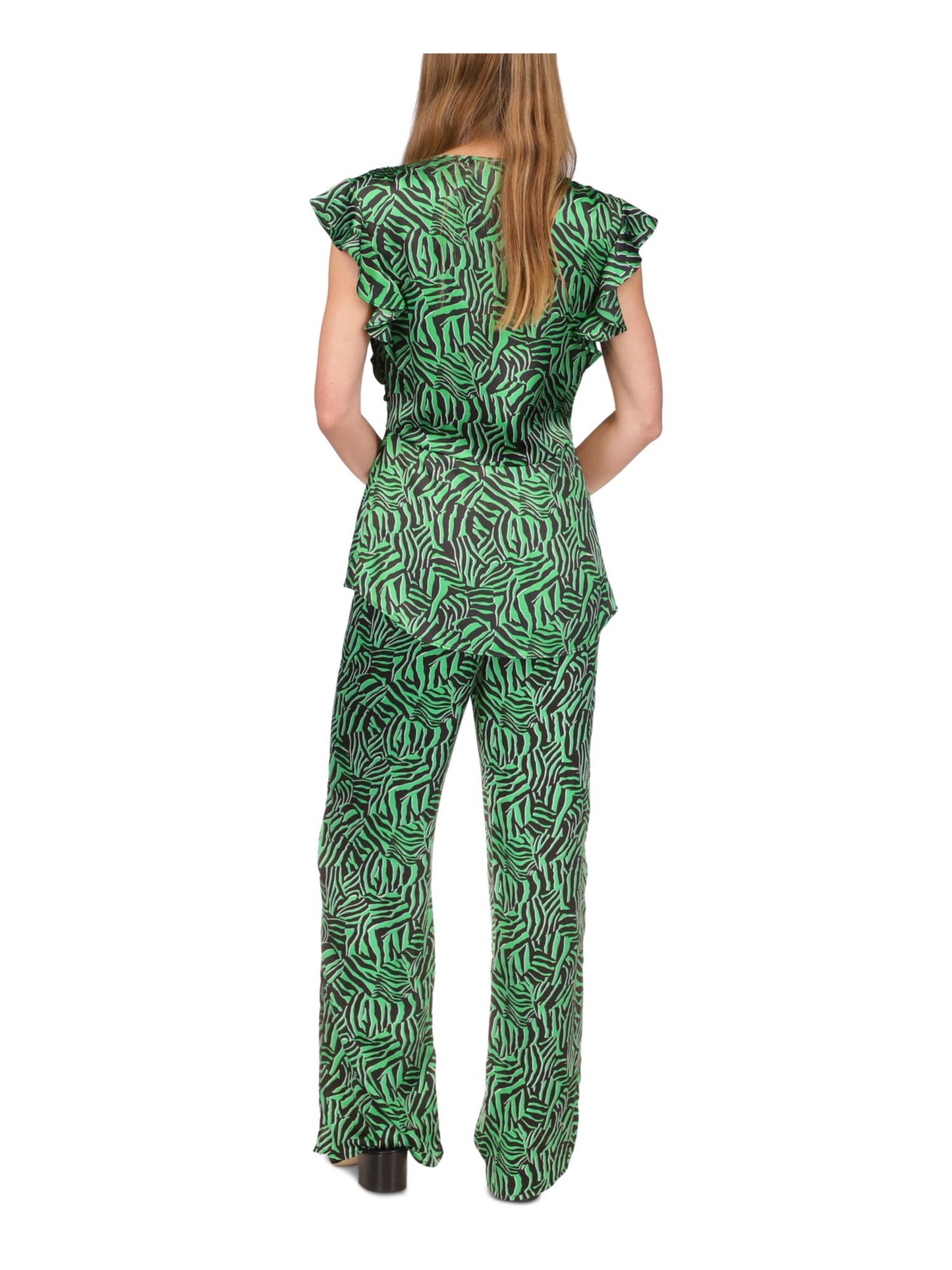 Blusa feminina Michael Kors com zíper, babados, manga curta, decote em V, verde, tamanho médio