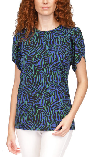 Blusa feminina Michael Kors estampada com manga pétala, azul, tamanho grande