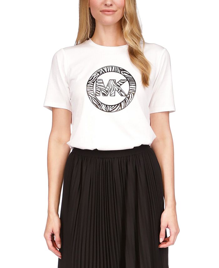Camiseta feminina Michael Kors com estampa de logotipo e pingente, branca, tamanho médio