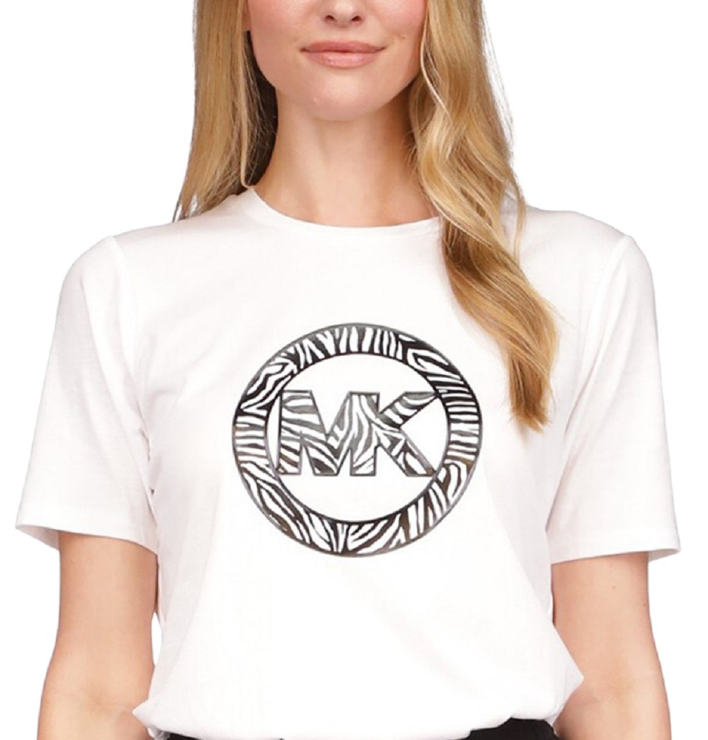 Camiseta feminina Michael Kors com estampa de logotipo e pingente, branca