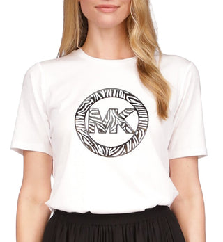 Camiseta feminina Michael Kors com estampa de logotipo e pingente, branca