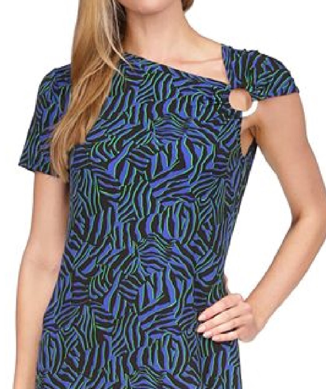 Vestido curto feminino Michael Kors com estampa de zebra e anel, azul, tamanho médio
