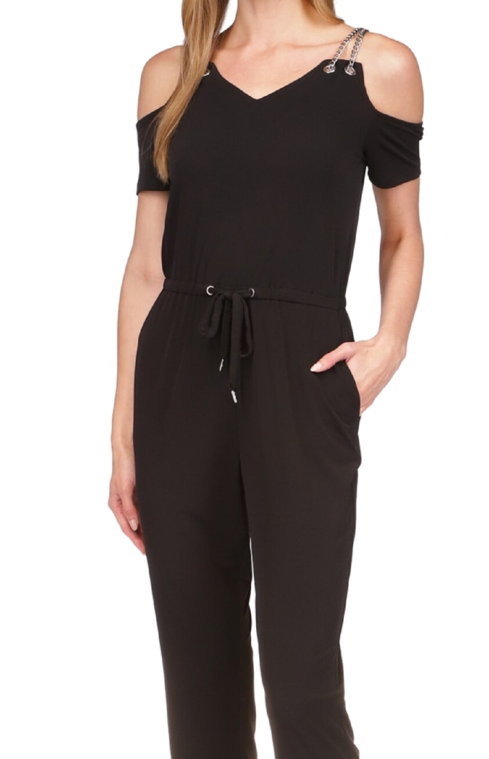 Macacão feminino Michael Kors com alças finas e ombro vazado, preto, tamanho extragrande